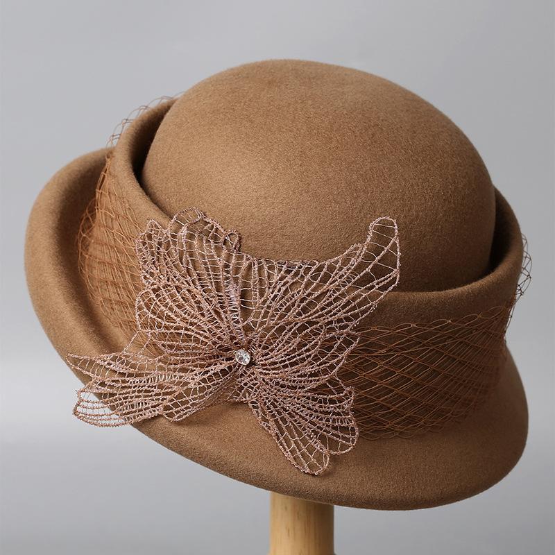 Wool beret women's autumn and winter new retro socialite crimped top hat French elegant mesh bow hat