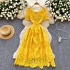 Summer Women Elegant Square Collar Embroidery Flower Lace Long Midi Party Dresses