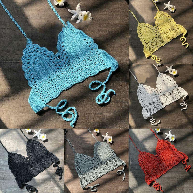 Вязаный женский кружевной жилет укороченный топ вязаный бюстгальтер бохо пляжная одежда бикини праздничный топ