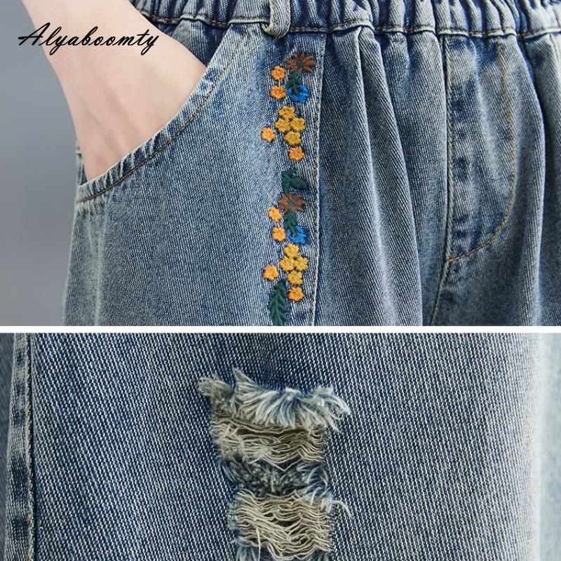 Корейский стиль, весна-осень, женские джинсы больших размеров с высокой талией, рваные дыры, повседневные свободные джинсы, винтажные карманы с цветочной вышивкой, джинсовые брюки