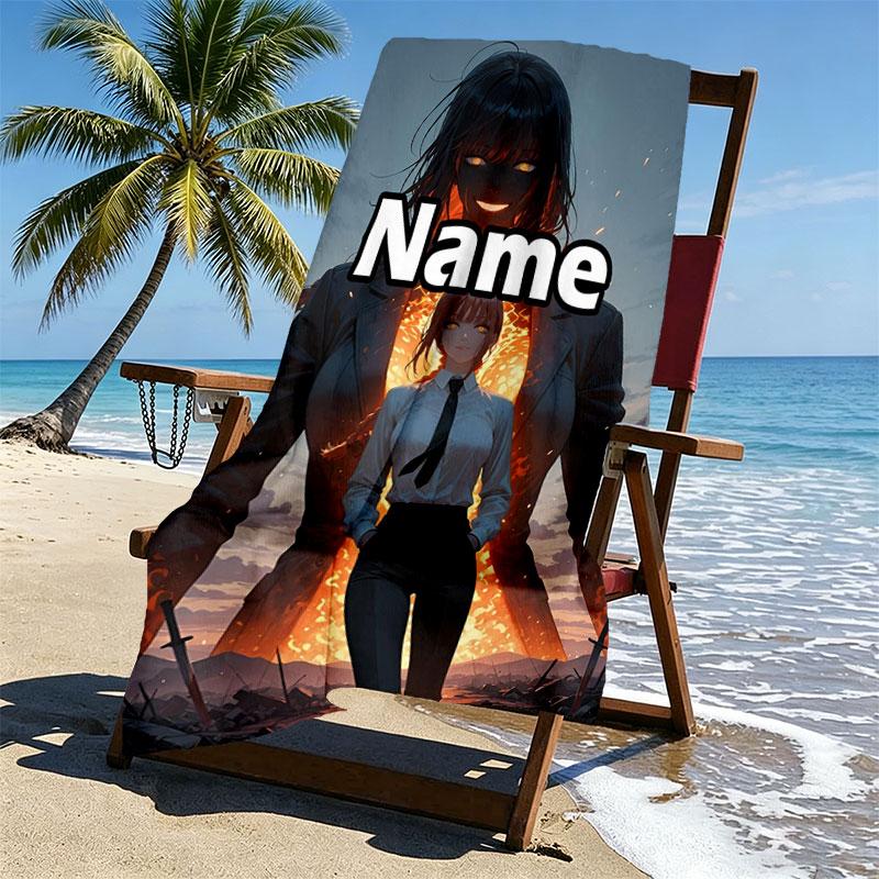 Custom Name Personalized Makima Chainsaw Man Print Beach Towel, for Trip Camping Beach Party Home Decor, Birthday Gift for Family & Friends