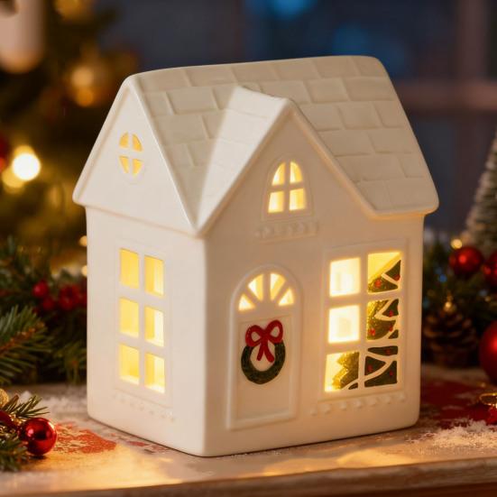 Yousheng Christmas Mini Village House Figurine LED Lighted Winter Resin Town Cottage Tiny Desktop White House Ornament for Home Shelf Cabinet Table