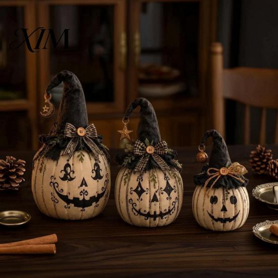 Rustic Fabric Pumpkins Halloween Pumpkin Decoration with Wizard Hat, Vintage Resin Witch Figurine Farmhouse Style Fall Ornaments Bow, Tabletop