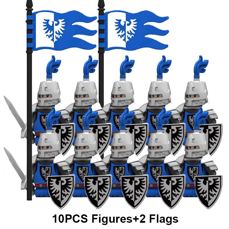 Европейские средневековые военные фигурки рыцарей и солдат, строительные блоки, флаги крестоносцев, оружие, щит, меч, шлем, игрушки в сборе