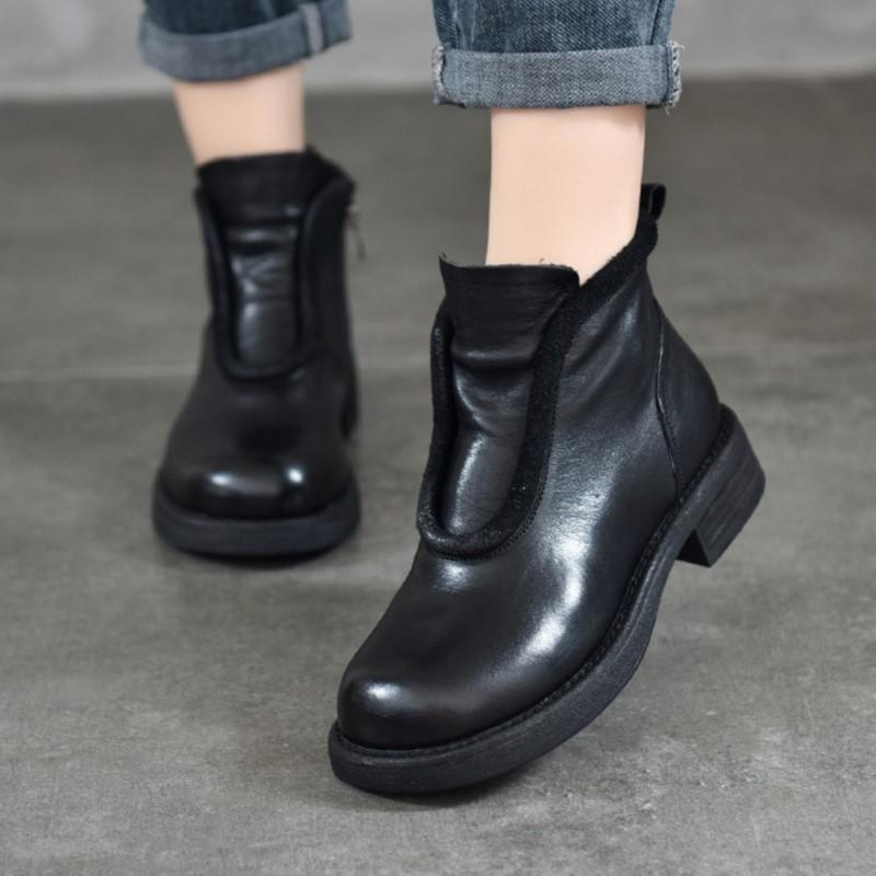 Johnature Винтажные короткие ботинки из натуральной кожи с круглым носком и боковой молнией, универсальная женская обувь