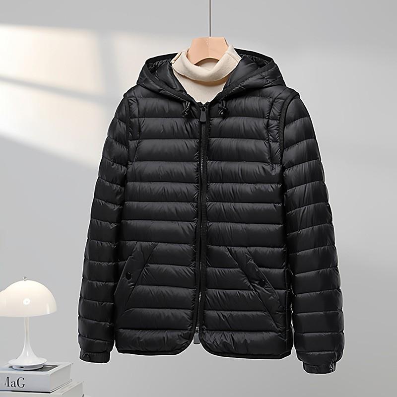 Womens Detachable Sleeve Hooded Waist-Cinched Lightweight Duck Down Jacket Winter Vest Outerwear