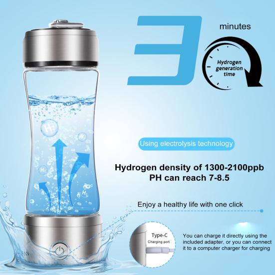 Hydrogen Water Bottle Generator 1300-2100ppb Hydrogen-Rich Water Cup 380ml High Borosilicate Glass SPE/PEM Technology Smart Health Cup for Home Office