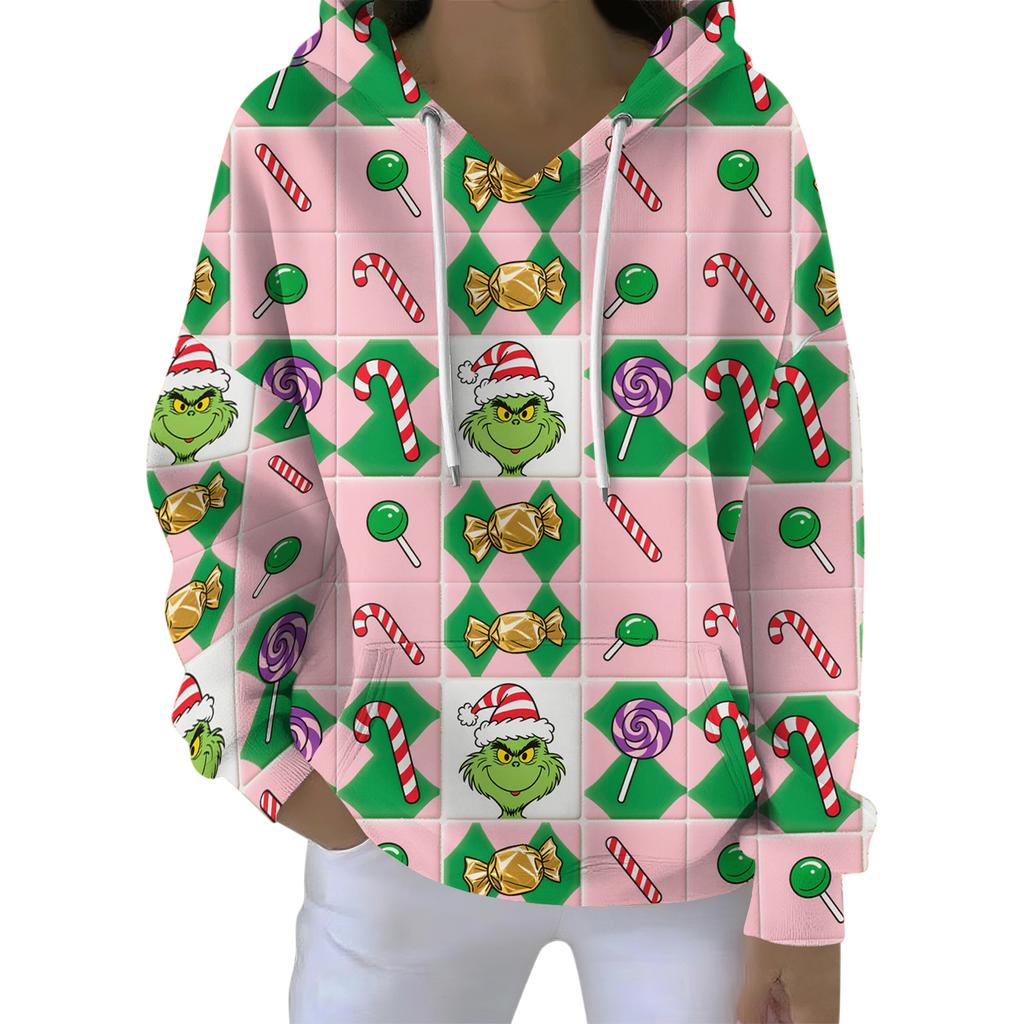 Ladies' Loose And Comfortable Drawstring V-neck Long Sleeved Christmas Printed Sweatshirt