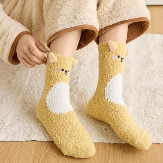 1 пара носков для сна, мультяшный дизайн с животными, утолщенные теплые зимние носки из кораллового флиса, средней длины, нескользящие, для дома, зимние