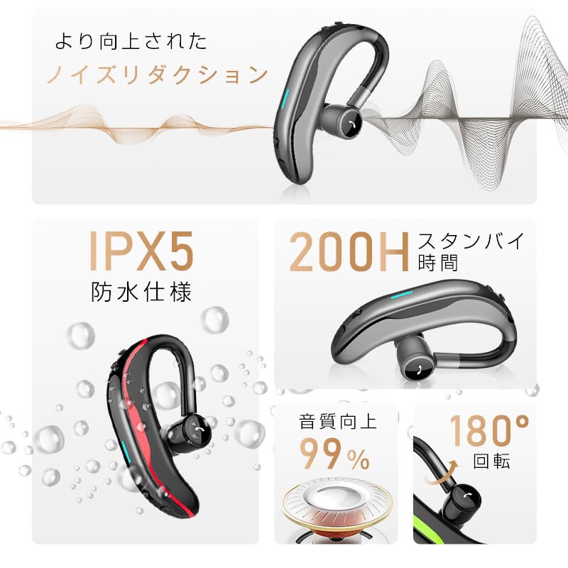 Беспроводная Bluetooth гарнитура для звонков, Siri, IPX4 Водонепроницаемая 5.4, Стиль с заушиной, Универсальная, Поворот на 180°, Встроенный микрофон, Совместимая, Совместимая,