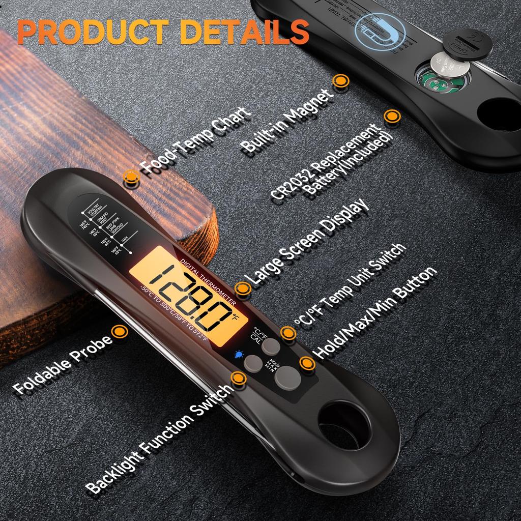 Цифровой термометр для мяса для гриля, водонепроницаемый пищевой термометр мгновенного считывания с точными показаниями, большой светодиодный дисплей с подсветкой для кухни и барбекю