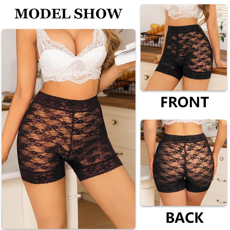 S-XXL Lace High Waist Boyshort Underwear Women's Sexy Hollow Out Solid Color Lingerie Transparent Stretchy Boxer Panties