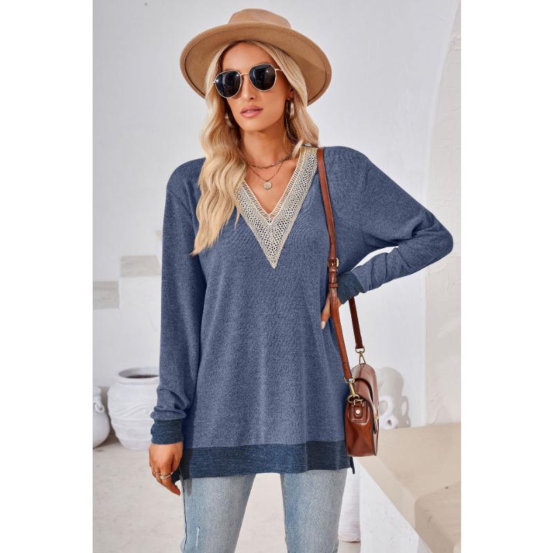 Осенне-зимняя женская блузка с v-образным вырезом, кружевные однотонные свободные топы с длинными рукавами