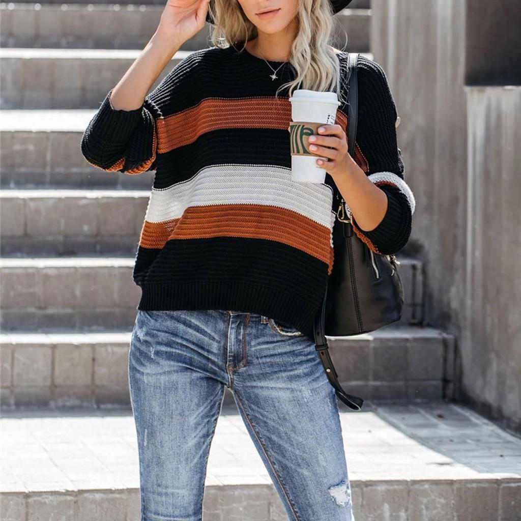 Женский повседневный свободный вязаный пуловер в полоску с длинными рукавами и цветными блоками