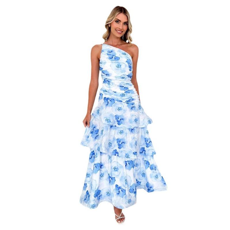 Women's Summer Style One-shoulder Halter Print Dress