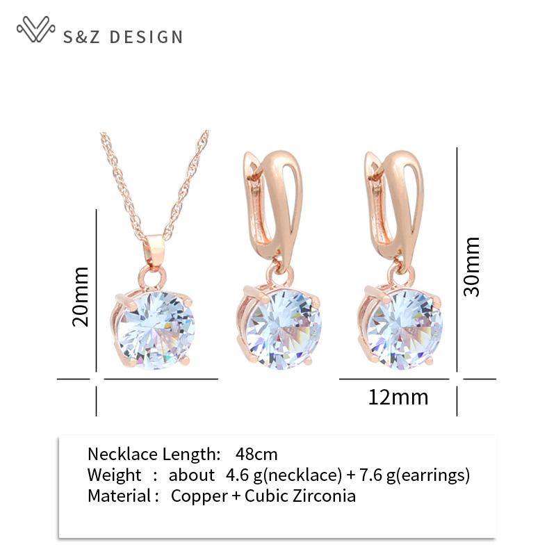 Fashion Classic Big Round Cubic Zirconia Drop Earrings Jewelry Sets For Women Wedding Rose Gold Color Pendant Necklace
