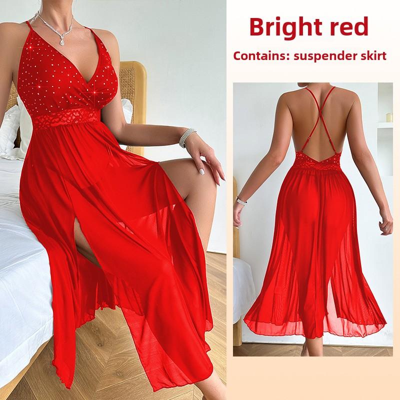 Pajamas Long Skirt Transparent Shiny Suspender Pajamas Sexy Underwear Passion Pure Desire Mesh One-piece