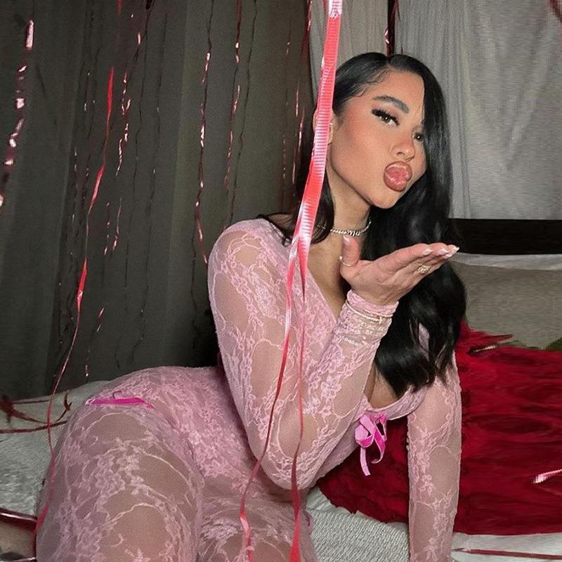 Spring Women's Sexy See-Through Hollow Out High Waist Jacquard Tight Long Sleeve Lace Jumpsuit