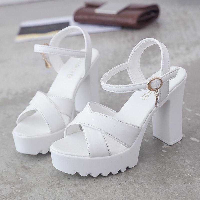 Модные белые босоножки женские Модные элегантные босоножки на высоком каблуке с застежкой «рыбий рот» и танкеткой на платформе женские Классические босоножки на толстом каблуке с пряжкой на щиколотке