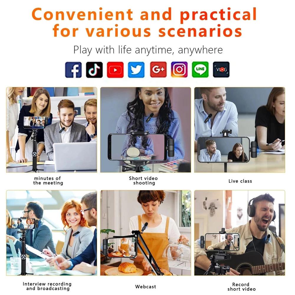 Беспроводной петличный микрофон 2 в 1 Портативный для аудио- и видеозаписи Мини-микрофон для iPhone 15 iOS Android life Прямая трансляция Игры