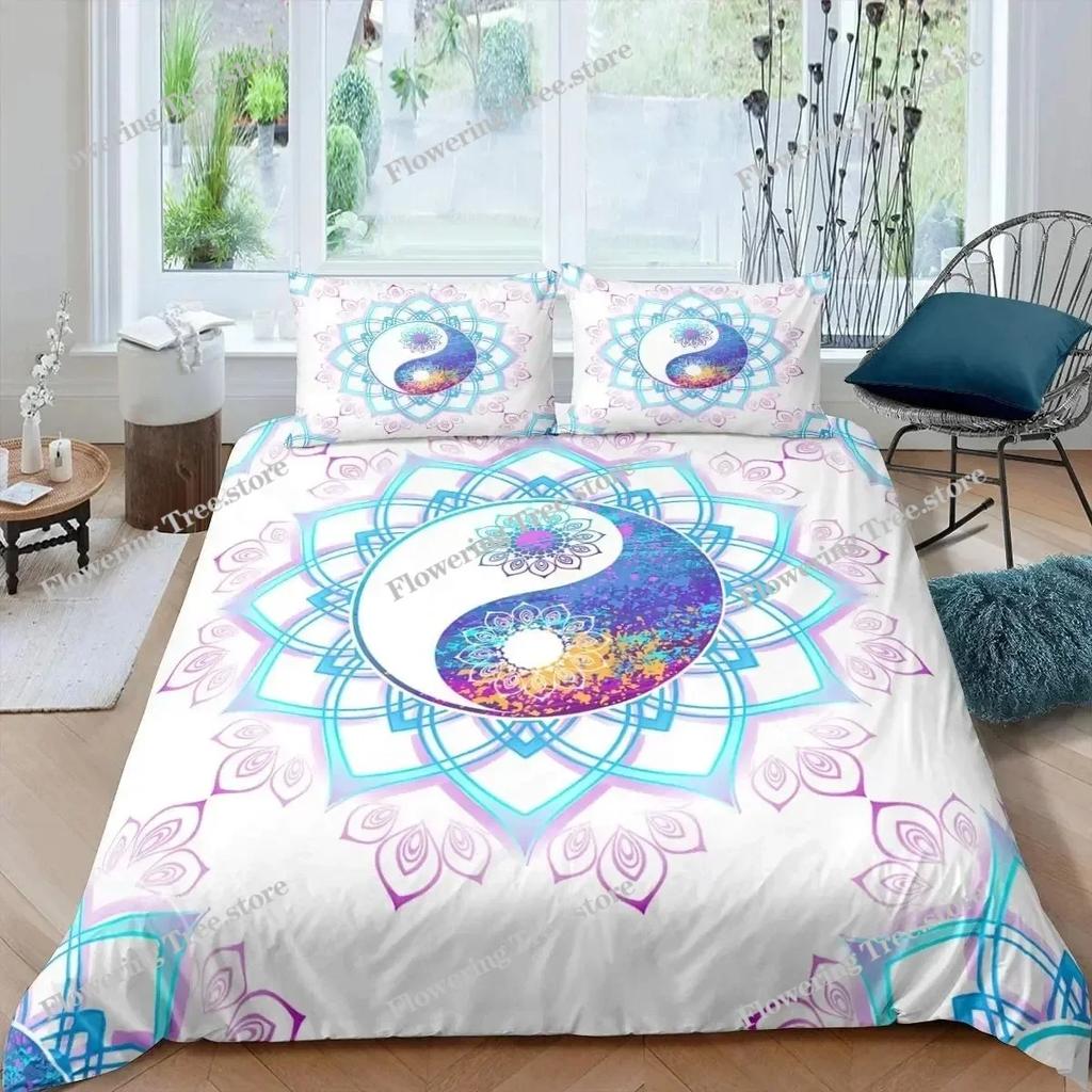 Черно-белый комплект постельного белья Bohemian Mandala для детей Детский полиэстеровый пододеяльник с рисунком Инь и Ян King Size