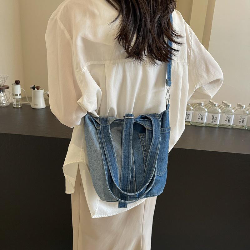 Niche Bucket Canvas Bag Women's Bag Literary Fashion Hand Bill Shoulder Bag Patchwork Denim Crossbody Bag