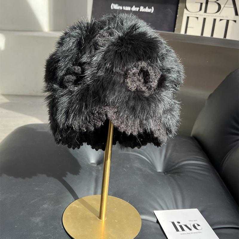 Mao Mao Hat Real Mao Rabbit Plush Fur Hat Versatile Cold-proof Warm Wool Knitted Baotou Hat Women's Winter
