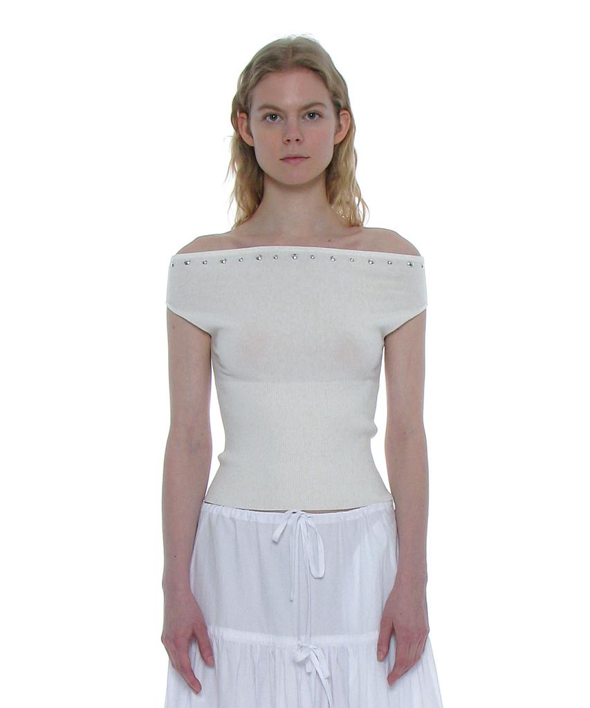 PARTIMENTO WOMEN Studded Off-Shoulder Knit Top_Ivory