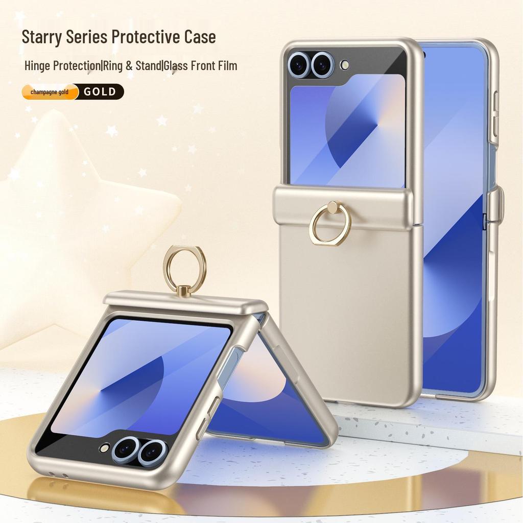 Противоударный чехол для телефона Samsung Z Flip7/6/5 с кольцом-подставкой на 4/3 пальца и пленкой с полным покрытием