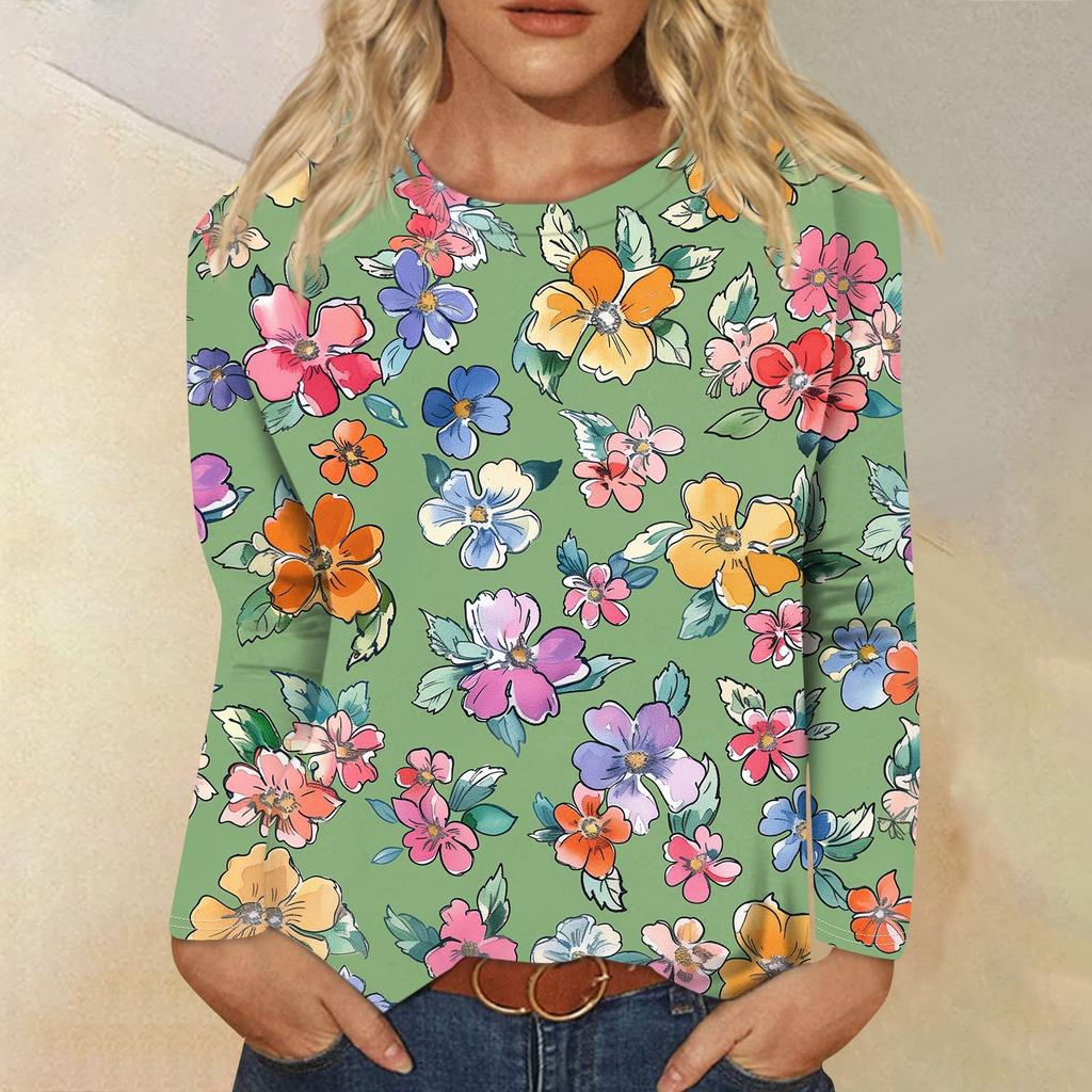 Женская мода Повседневная ретро-принт с круглым вырезом и длинным рукавом Декоративная футболка Топ