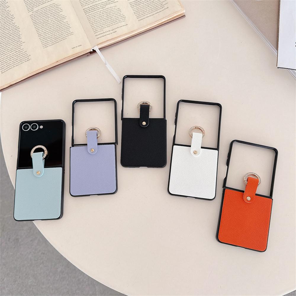 Ring Holder Protective PU Leather Phone Case For Samsung Galaxy Z Flip 7 FE 6 5 4 Flip7 Flip6 Flip5 Flip4 5G Hard Plastic Cover
