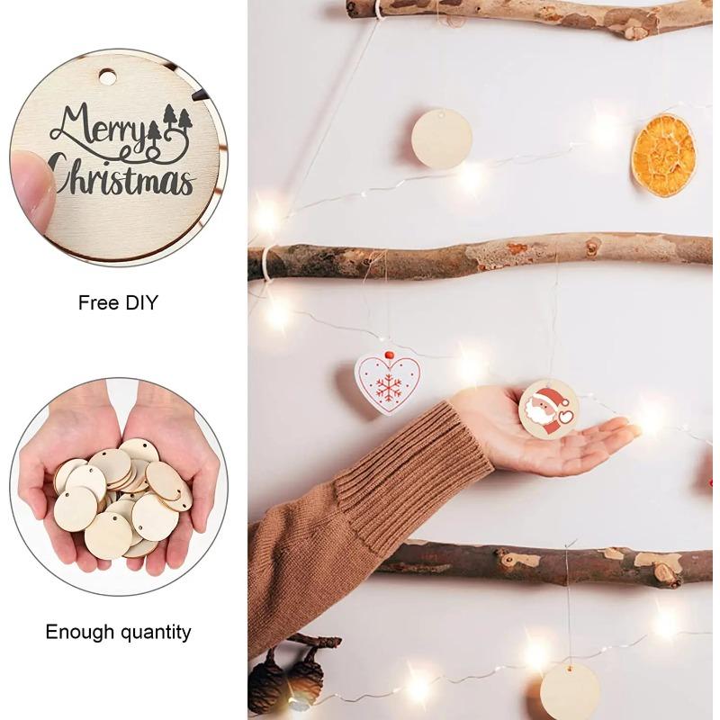 10-50Pcs Natural Wood Slices Unfinished Round Circles Wood Slices With Hole Discs Blank Craft Wedding Christmas Paintting Decor