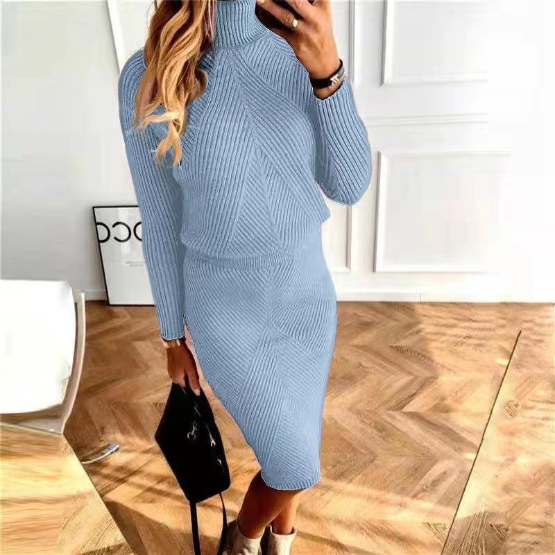2024  Autumn and Winter New Women‘s European and American Turtleneck Knitted Solid Color Pullover Sweater Suit Skirt