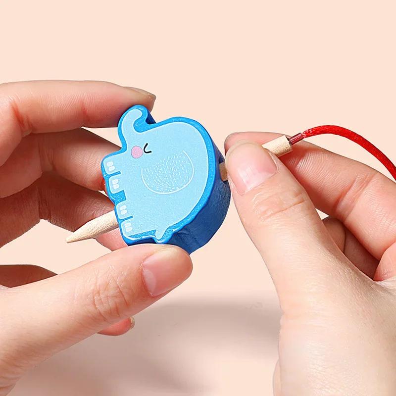 42 шт. Деревянные игрушки с бусинами, Детские мультяшные фрукты, животные, Нанизывание деревянных бусин, Сделай сам, Игрушки Монтессори, Детские развивающие игры