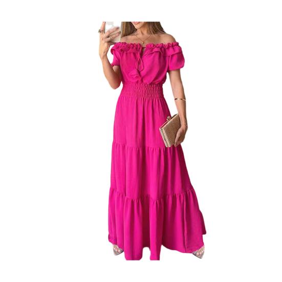 Women's Summer Off Shoulder Ruffle Maxi Dress Short Sleeve High Waist A-Line Dress Flowy Beach Long Dress