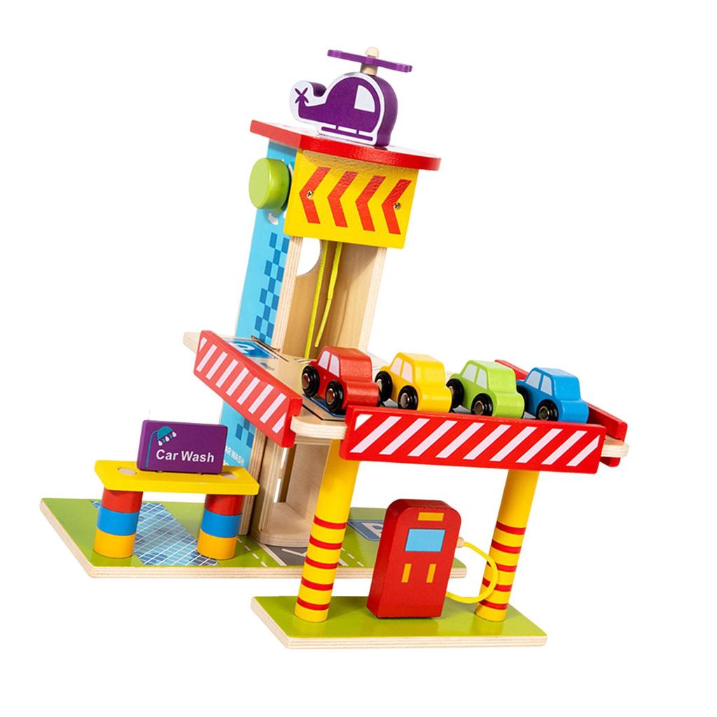 Wooden Parking Garage Playset Pretend Toy, Kids Gifts Educational Simulation Realistic Petrol