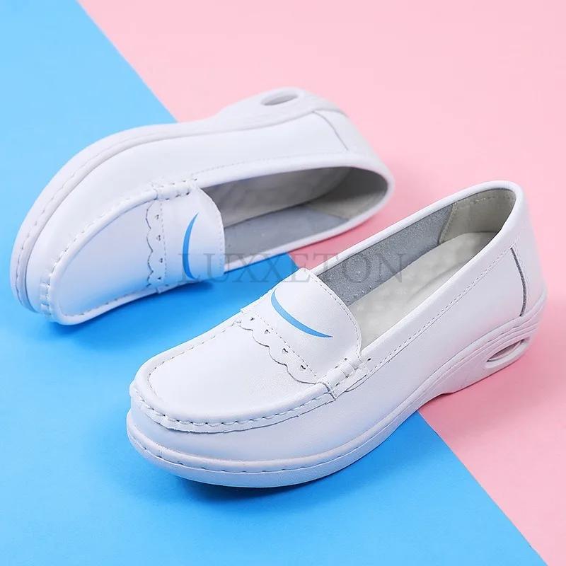 Туфли медсестры из натуральной кожи, женские, с воздушной подушкой, мягкая подошва, удобные, нескользящие, полые, медицинские, рабочие, маленькие белые туфли