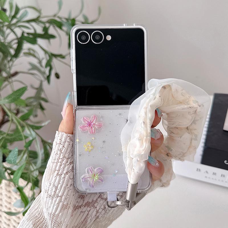 Прозрачный блестящий милый чехол-цветок для Samsung Galaxy Z Flip 8 7 6 5 4 Z Flip7 Flip6 Чехол с цепочкой Корейские чехлы Жесткий Funda