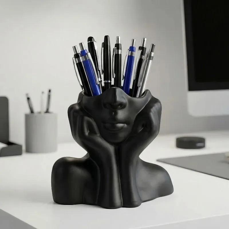Abstract Human Face Pen Holder Storage Organizer Desk Accessory Modern Sculpture Office Supply Container with Packaging Bag