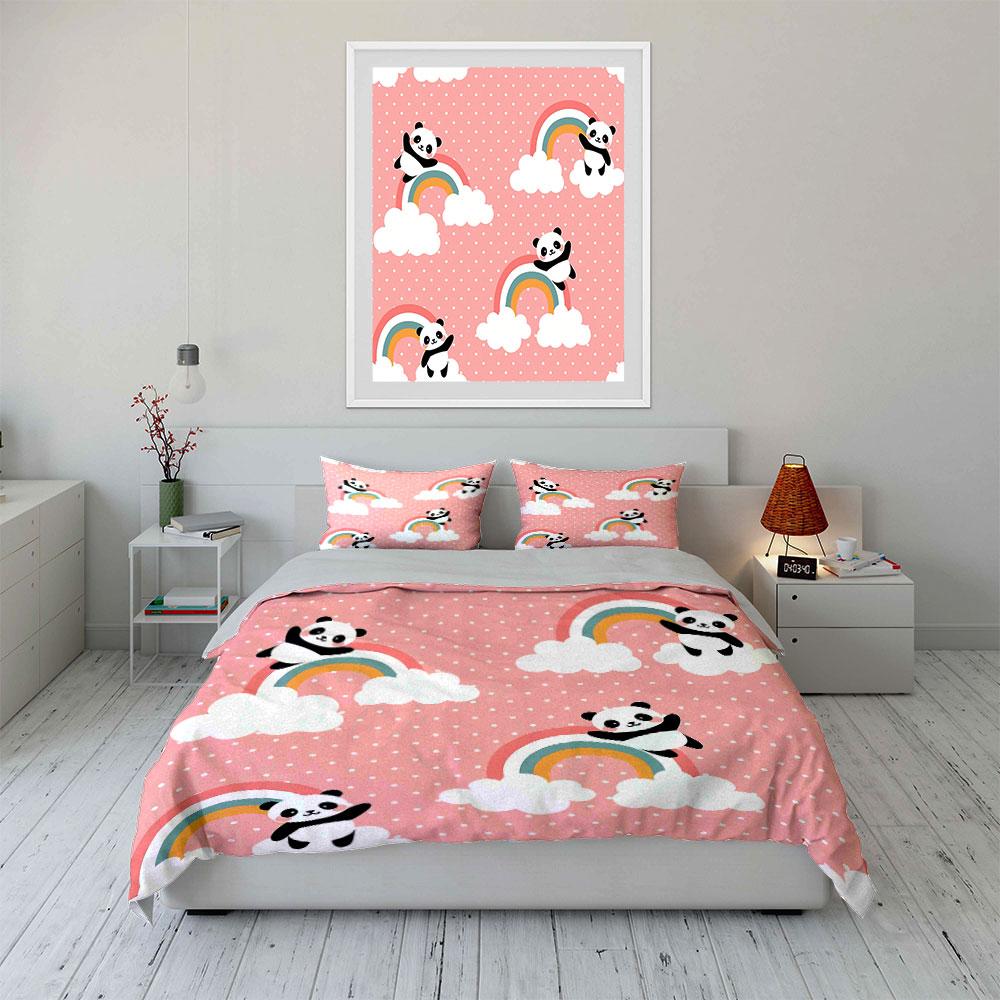 Cute Panda and Rainbow Pattern Bedding Duvet Cover Set Duvet Cover Pillowcases (1*Duvet Cover 2*Pillowcases, without duvet insert)