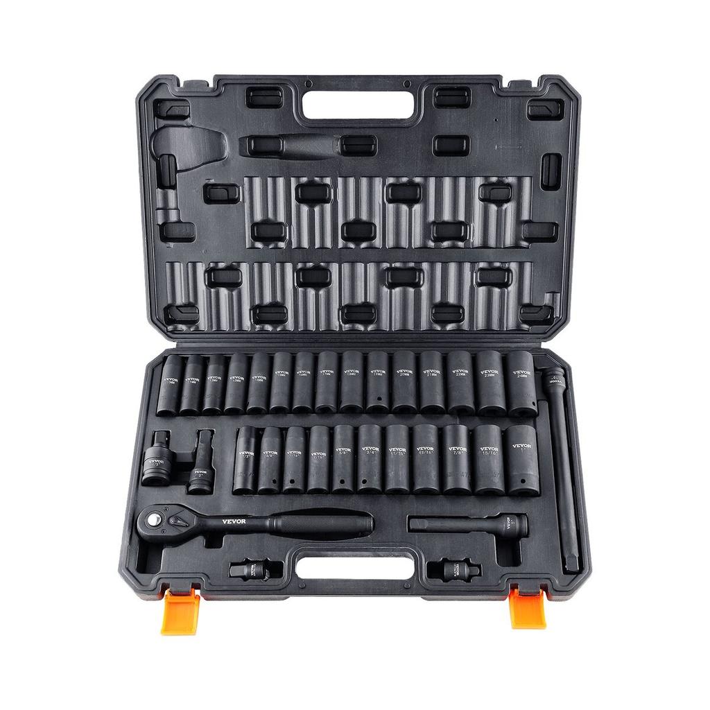 1/2" Drive Impact Socket Set, 33 Piece Socket Set SAE 3/8"-1" and Metric 10-24mm, 6 Point Cr-V Alloy Steel for Auto Repair, Easy-to-Read Size