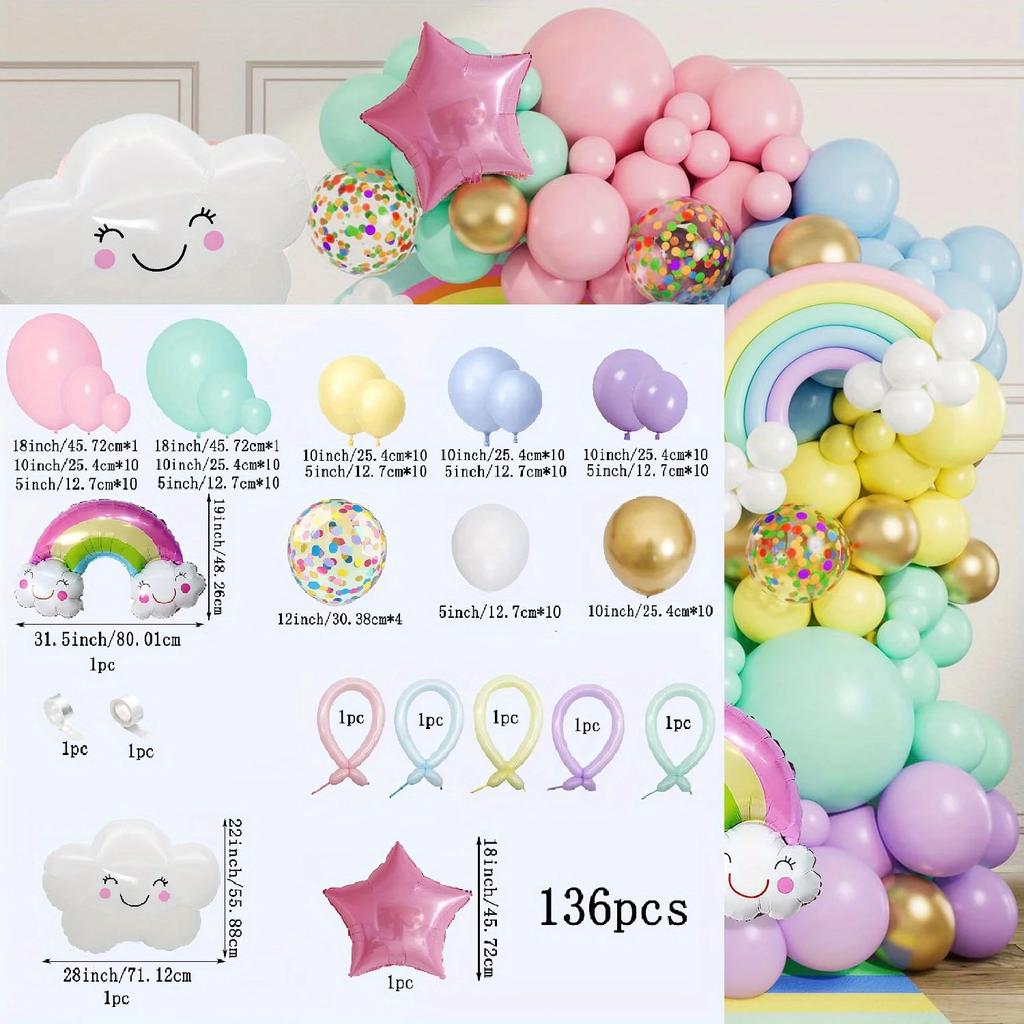 136pcs Macaron Colored White Cloud Balloon Arch Set for Birthdays, Baptisms and General Celebrations Without Electricity