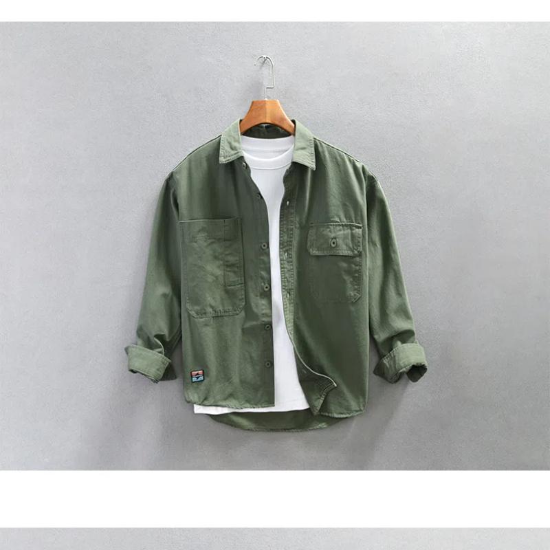 Японский стиль рабочая одежда хлопковые мужские рубашки весна/осень повседневная рубашка с длинным рукавом уличная одежда двойной карман свободный топ на пуговицах