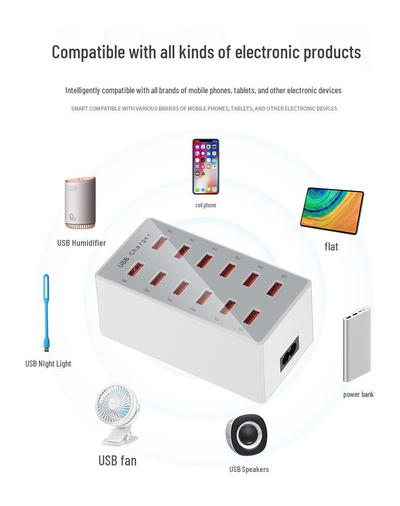 12-портовое USB-зарядное устройство, станция быстрой зарядки 60 Вт, многопортовая сетевая розетка, совместимо с Apple и другими