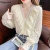 French V-neck Elegant Women Blouse Autumn Long Sleeve Ruffle Top Sweet Lace Blouse White Hollow Gentle Ladies Shirt Blusas 17251