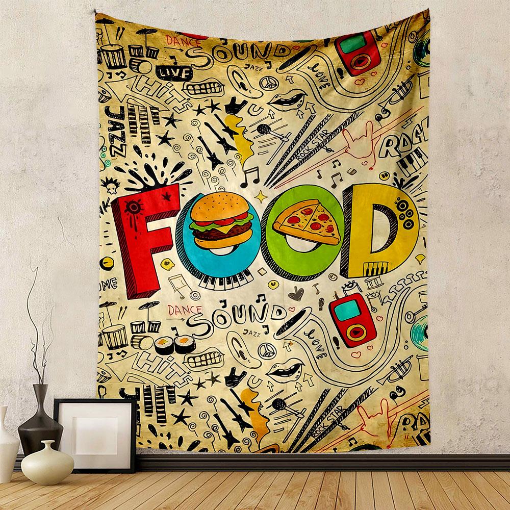 "Colorful Food and Music Doodle Art" Patterned tapestry home decor, suitable for bedroom and living room, gift