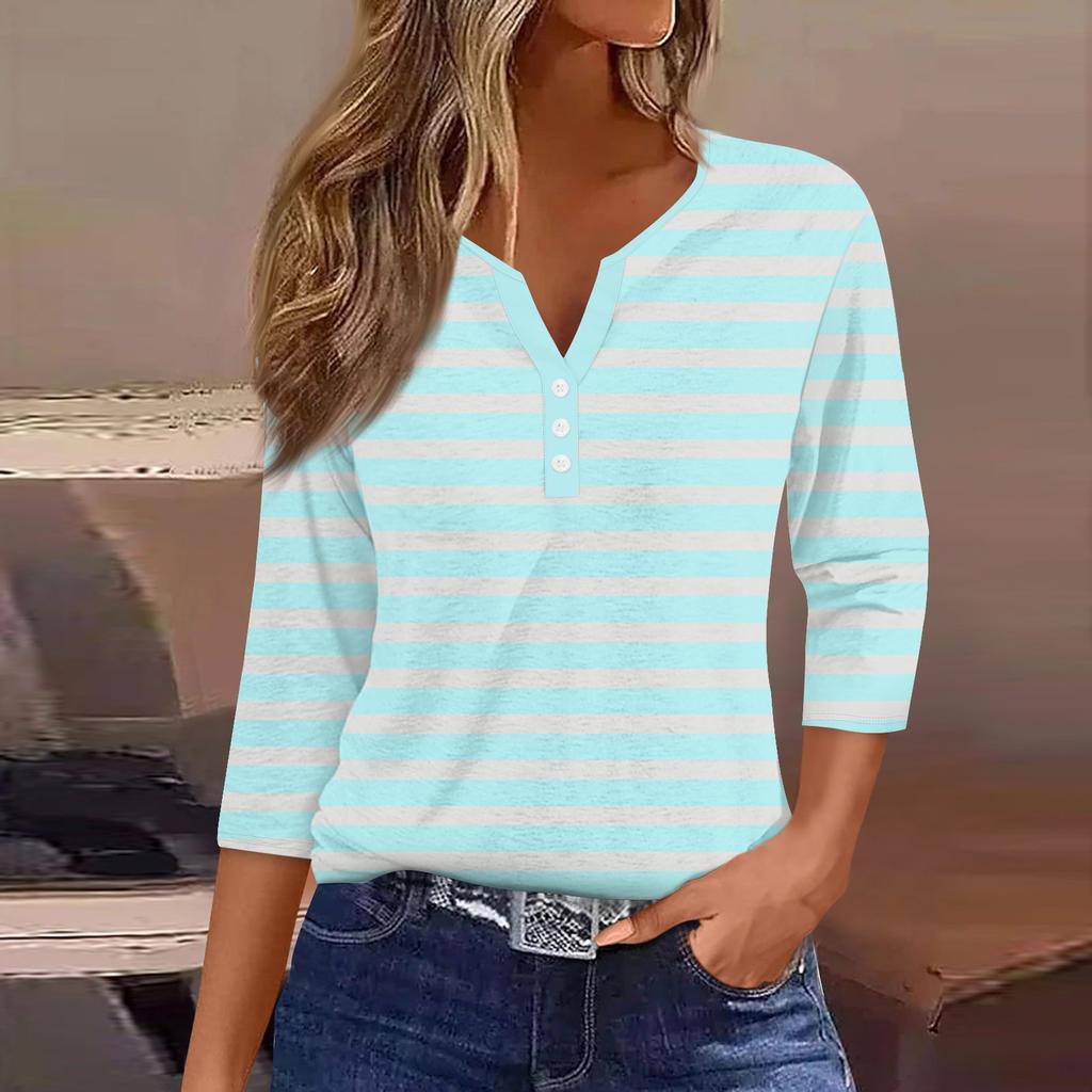 Жен. Футболка Футболка С принтом Пуговицы Рукав 3/4Ежедневно Выходные Мода Классический Топ с v-образным вырезом Обычный