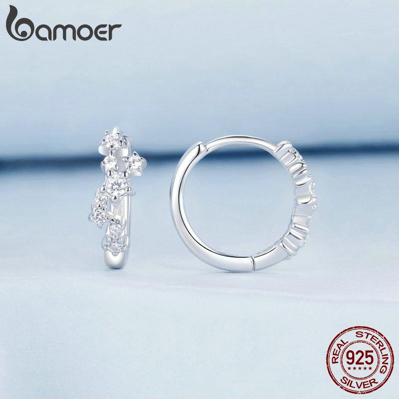 BAMOER 925 Sterling Silver Shiny Starry Ear Buckles Irregular Hoop Earrings for Women Shiny Zircon Fine Jewelry Gift