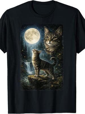 Funny Cat Art Design Cat Howling At The Moon TShirtRetro Casual Short-sleeved T-shirt with a Round Neck and Printed Patt