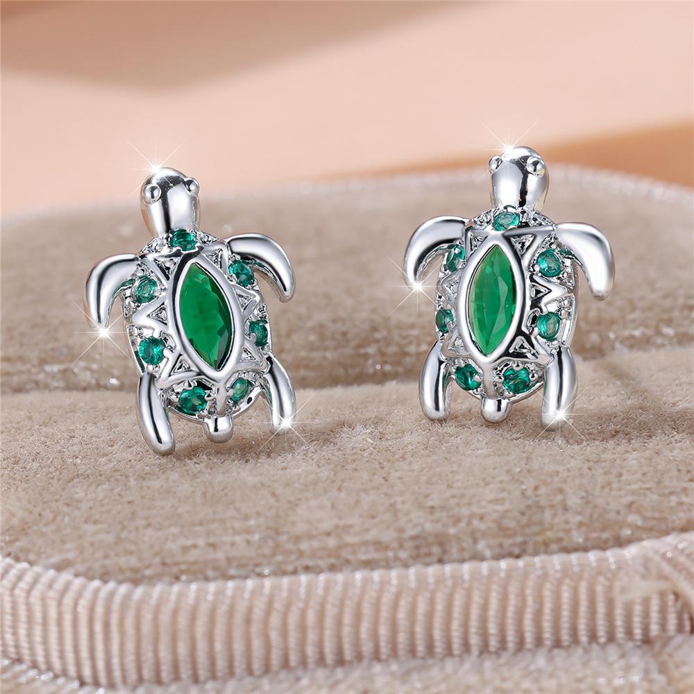 Cute Female Green Turtle Zircon Stone Stud Earrings Silver Color Dainty Gift Wedding Jewelry For Women